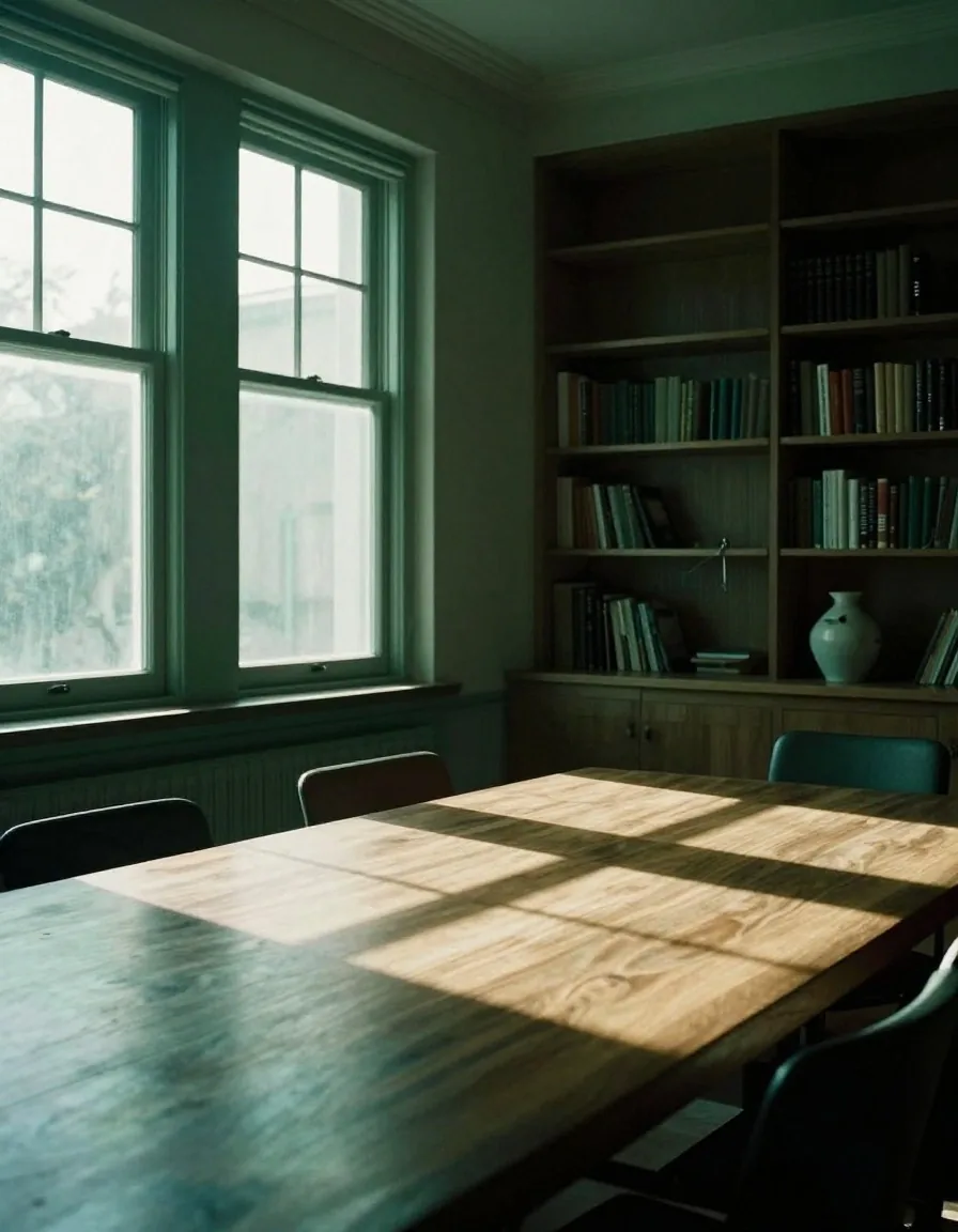 Estudio privado con biblioteca y mesa de reuniones