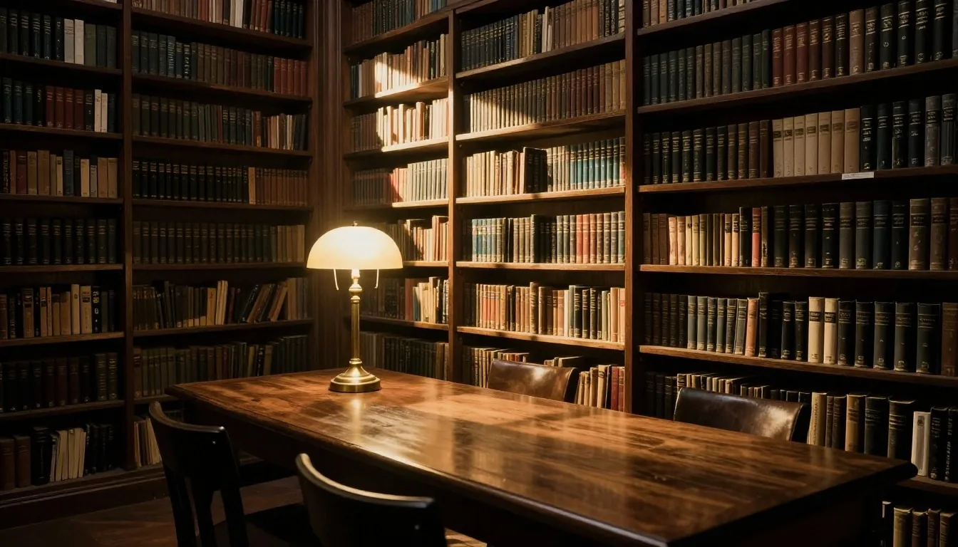 Estudio privado con biblioteca de textos económicos y luz de tarde sobre una mesa de lectura